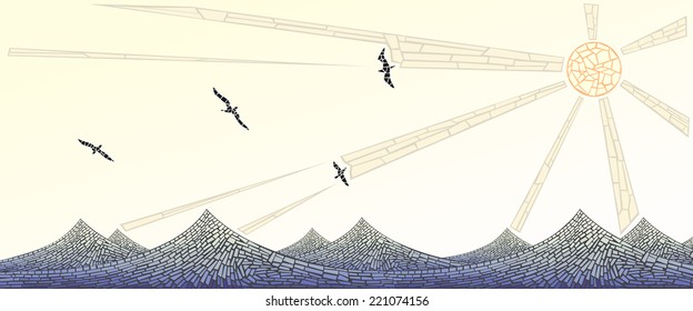 Abstract vector horizontal banner: mosaic wave with sun and birds ( as handmade stained glass window).