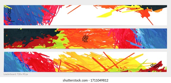 Abstract vector horizontal banner template. Colorful brush stoke imitation of watercolor paint. Dimensional layered feather rainbow colored texture. Creative artistic advertising leaderboard.