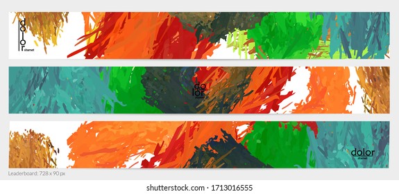 Abstract vector horizontal banner template. Colorful brush stoke imitation of watercolor paint. Dimensional layered feather rainbow colored texture. Creative artistic advertising leaderboard.
