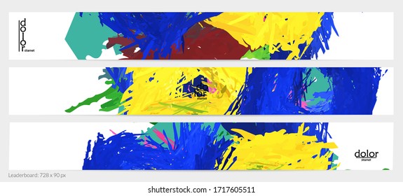 Abstract vector horizontal banner template. Colorful brush stoke imitation of watercolor paint. Dimensional layered feather rainbow colored texture. Creative artistic advertising leaderboard.