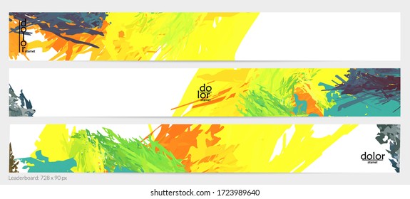 Abstract vector horizontal banner template. Colorful brush stoke imitation of watercolor paint. Dimensional layered feather rainbow colored texture. Creative artistic advertising leaderboard.