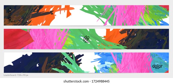 Abstract vector horizontal banner template. Colorful brush stoke imitation of watercolor paint. Dimensional layered feather rainbow colored texture. Creative artistic advertising leaderboard.