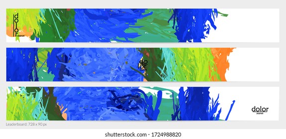 Plantilla de banner horizontal vector abstracto. El pincel colorido aviva la imitación de la pintura acuarela. Textura de color arcoiris de plumas en capas dimensionales. Placa publicitaria creativa artística.