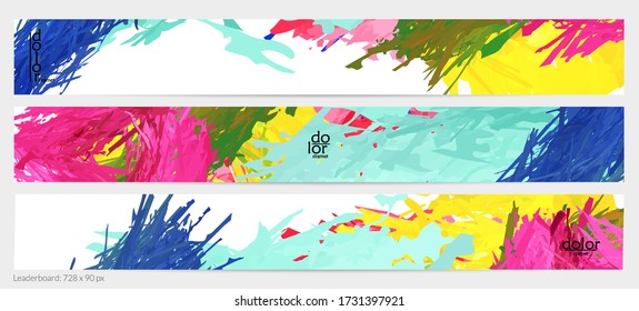 Abstract vector horizontal banner template. Colorful brush stoke imitation of watercolor paint. Dimensional layered feather rainbow colored texture. Creative artistic advertising leaderboard.