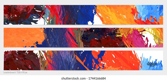 Abstract vector horizontal banner template. Colorful brush stoke imitation of watercolor paint. Dimensional layered feather rainbow colored texture. Creative artistic advertising leaderboard.