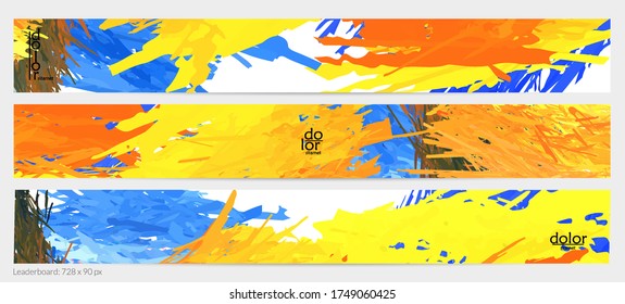 Abstract vector horizontal banner template. Colorful brush stoke imitation of watercolor paint. Dimensional layered feather rainbow colored texture. Creative artistic advertising leaderboard.
