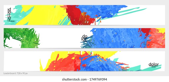 Abstract vector horizontal banner template. Colorful brush stoke imitation of watercolor paint. Dimensional layered feather rainbow colored texture. Creative artistic advertising leaderboard.