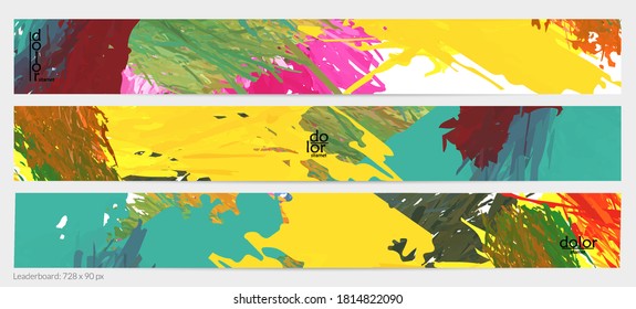 Abstract vector horizontal banner template. Colorful brush stoke imitation of watercolor paint. Dimensional layered feather rainbow colored texture. Creative artistic advertising leaderboard.