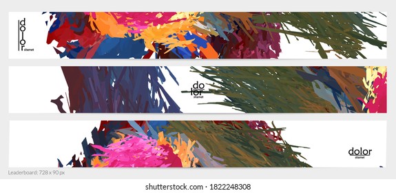 Abstract vector horizontal banner template. Colorful brush stoke imitation of watercolor paint. Dimensional layered feather rainbow colored texture. Creative artistic advertising leaderboard.
