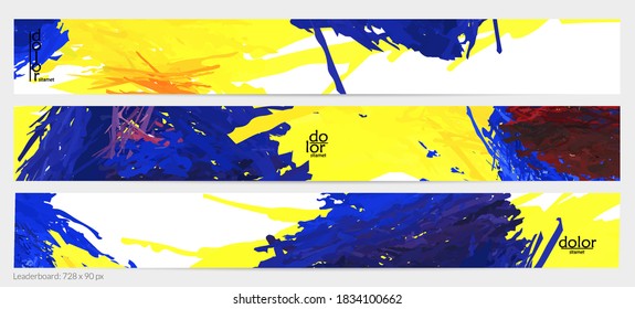 Abstract vector horizontal banner template. Colorful brush stoke imitation of watercolor paint. Dimensional layered feather rainbow colored texture. Creative artistic advertising leaderboard.