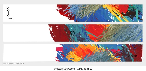 Abstract vector horizontal banner template. Colorful brush stoke imitation of watercolor paint. Dimensional layered feather rainbow colored texture. Creative artistic advertising leaderboard.