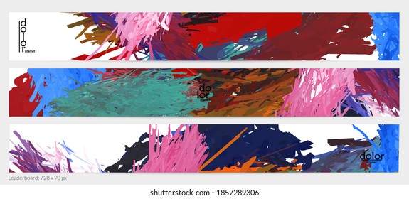 Abstract vector horizontal banner template. Colorful brush stoke imitation of watercolor paint. Dimensional layered feather rainbow colored texture. Creative artistic advertising leaderboard.