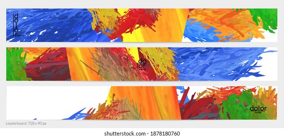 Abstract vector horizontal banner template. Colorful brush stoke imitation of watercolor paint. Dimensional layered feather rainbow colored texture. Creative artistic advertising leaderboard.