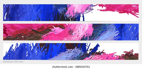 Abstract vector horizontal banner template. Colorful brush stoke imitation of watercolor paint. Dimensional layered feather rainbow colored texture. Creative artistic advertising leaderboard.