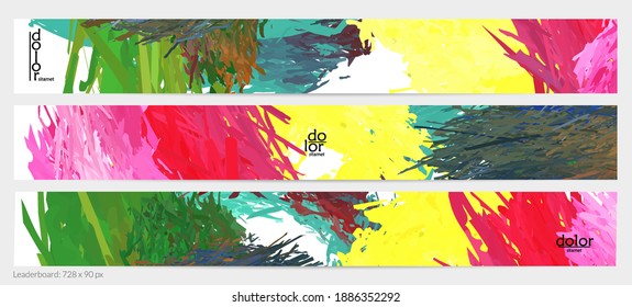 Abstract vector horizontal banner template. Colorful brush stoke imitation of watercolor paint. Dimensional layered feather rainbow colored texture. Creative artistic advertising leaderboard.