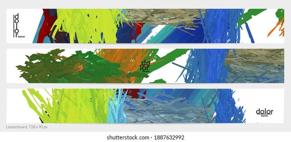 Abstract vector horizontal banner template. Colorful brush stoke imitation of watercolor paint. Dimensional layered feather rainbow colored texture. Creative artistic advertising leaderboard.