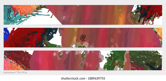 Abstract vector horizontal banner template. Colorful brush stoke imitation of watercolor paint. Dimensional layered feather rainbow colored texture. Creative artistic advertising leaderboard.