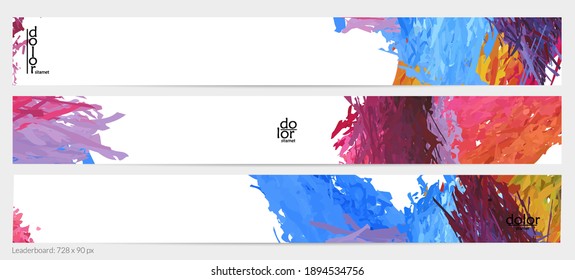 Abstract vector horizontal banner template. Colorful brush stoke imitation of watercolor paint. Dimensional layered feather rainbow colored texture. Creative artistic advertising leaderboard.