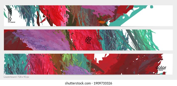 Abstract vector horizontal banner template. Colorful brush stoke imitation of watercolor paint. Dimensional layered feather rainbow colored texture. Creative artistic advertising leaderboard.