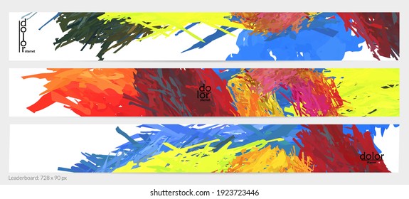 Abstract vector horizontal banner template. Colorful brush stoke imitation of watercolor paint. Dimensional layered feather rainbow colored texture. Creative artistic advertising leaderboard.