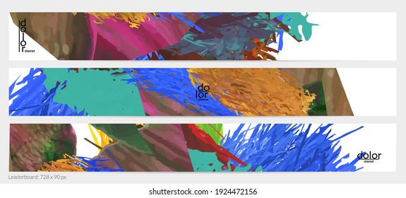 Abstract vector horizontal banner template. Colorful brush stoke imitation of watercolor paint. Dimensional layered feather rainbow colored texture. Creative artistic advertising leaderboard.