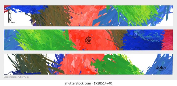 Abstract vector horizontal banner template. Colorful brush stoke imitation of watercolor paint. Dimensional layered feather rainbow colored texture. Creative artistic advertising leaderboard.