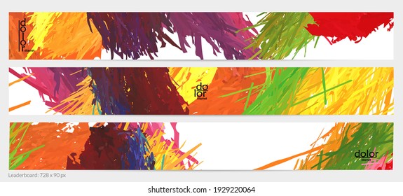 Abstract vector horizontal banner template. Colorful brush stoke imitation of watercolor paint. Dimensional layered feather rainbow colored texture. Creative artistic advertising leaderboard.