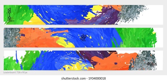 Abstract vector horizontal banner template. Colorful brush stoke imitation of watercolor paint. Dimensional layered feather rainbow colored texture. Creative artistic advertising leaderboard.