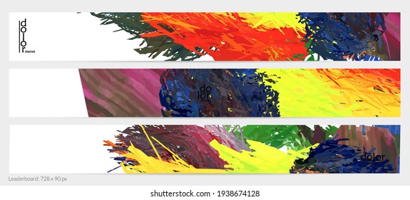 Abstract vector horizontal banner template. Colorful brush stoke imitation of watercolor paint. Dimensional layered feather rainbow colored texture. Creative artistic advertising leaderboard.