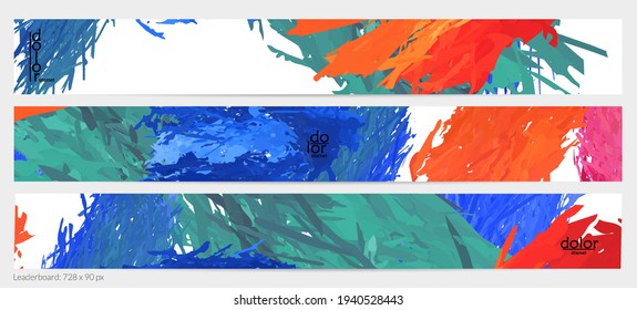 Abstract vector horizontal banner template. Colorful brush stoke imitation of watercolor paint. Dimensional layered feather rainbow colored texture. Creative artistic advertising leaderboard.