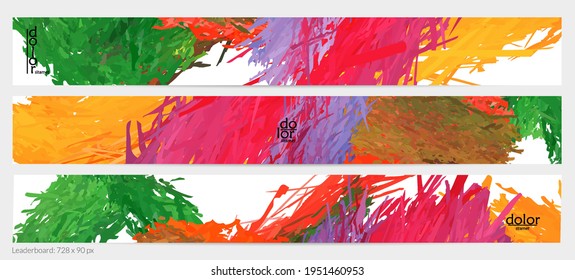 Abstract vector horizontal banner template. Colorful brush stoke imitation of watercolor paint. Dimensional layered feather rainbow colored texture. Creative artistic advertising leaderboard.