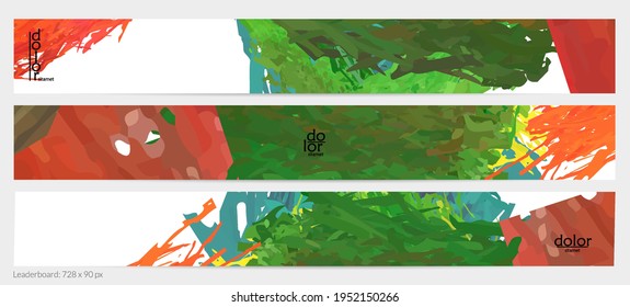 Abstract vector horizontal banner template. Colorful brush stoke imitation of watercolor paint. Dimensional layered feather rainbow colored texture. Creative artistic advertising leaderboard.