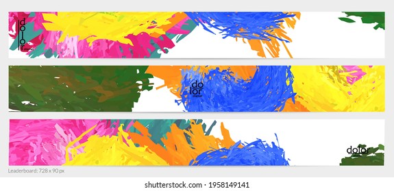 Abstract vector horizontal banner template. Colorful brush stoke imitation of watercolor paint. Dimensional layered feather rainbow colored texture. Creative artistic advertising leaderboard.