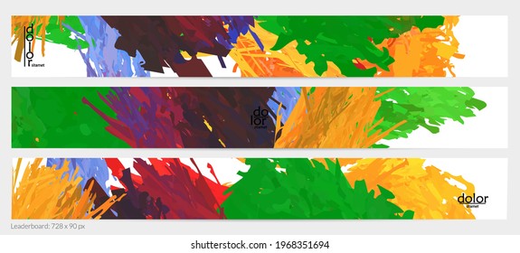 Abstract vector horizontal banner template. Colorful brush stoke imitation of watercolor paint. Dimensional layered feather rainbow colored texture. Creative artistic advertising leaderboard.