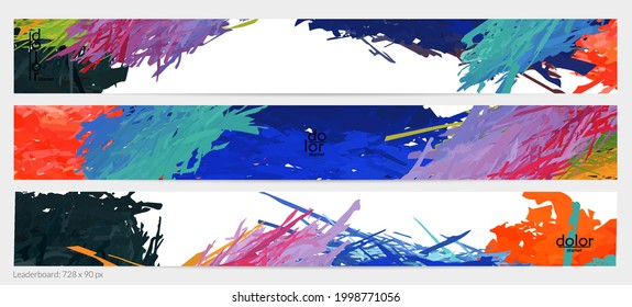 Abstract vector horizontal banner template. Colorful brush stoke imitation of watercolor paint. Dimensional layered feather rainbow colored texture. Creative artistic advertising leaderboard.