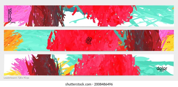 Abstract vector horizontal banner template. Colorful brush stoke imitation of watercolor paint. Dimensional layered feather rainbow colored texture. Creative artistic advertising leaderboard.