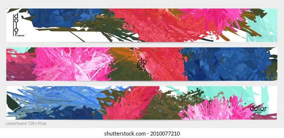 Abstract vector horizontal banner template. Colorful brush stoke imitation of watercolor paint. Dimensional layered feather rainbow colored texture. Creative artistic advertising leaderboard.