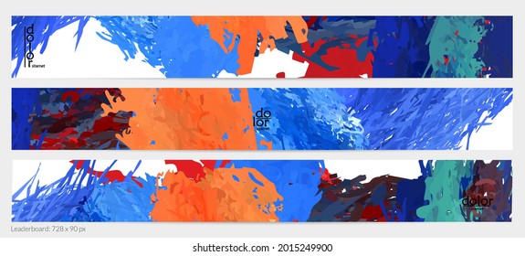 Abstract vector horizontal banner template. Colorful brush stoke imitation of watercolor paint. Dimensional layered feather rainbow colored texture. Creative artistic advertising leaderboard.