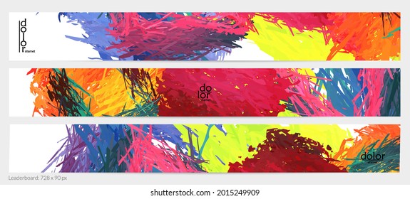 Abstract vector horizontal banner template. Colorful brush stoke imitation of watercolor paint. Dimensional layered feather rainbow colored texture. Creative artistic advertising leaderboard.