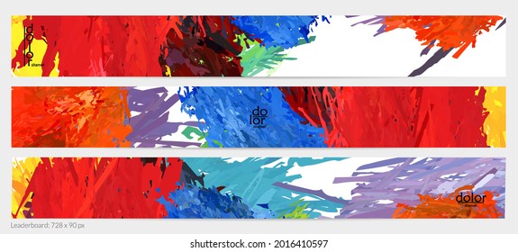 Abstract vector horizontal banner template. Colorful brush stoke imitation of watercolor paint. Dimensional layered feather rainbow colored texture. Creative artistic advertising leaderboard.