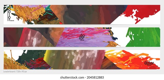 Abstract vector horizontal banner template. Colorful brush stoke imitation of watercolor paint. Dimensional layered feather rainbow colored texture. Creative artistic advertising leaderboard.