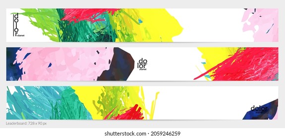 Abstract vector horizontal banner template. Colorful brush stoke imitation of watercolor paint. Dimensional layered feather rainbow colored texture. Creative artistic advertising leaderboard.