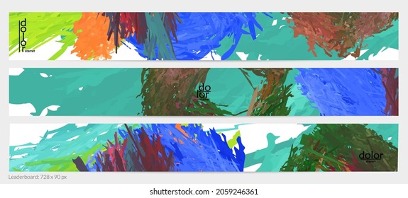 Abstract vector horizontal banner template. Colorful brush stoke imitation of watercolor paint. Dimensional layered feather rainbow colored texture. Creative artistic advertising leaderboard.
