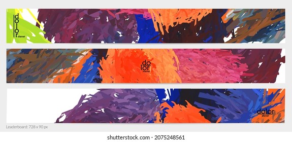 Abstract vector horizontal banner template. Colorful brush stoke imitation of watercolor paint. Dimensional layered feather rainbow colored texture. Creative artistic advertising leaderboard.