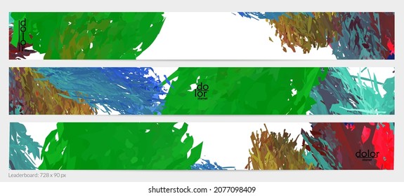Abstract vector horizontal banner template. Colorful brush stoke imitation of watercolor paint. Dimensional layered feather rainbow colored texture. Creative artistic advertising leaderboard.