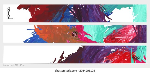 Abstract vector horizontal banner template. Colorful brush stoke imitation of watercolor paint. Dimensional layered feather rainbow colored texture. Creative artistic advertising leaderboard.