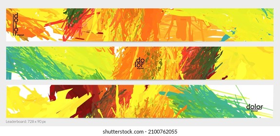 Abstract vector horizontal banner template. Colorful brush stoke imitation of watercolor paint. Dimensional layered feather rainbow colored texture. Creative artistic advertising leaderboard.