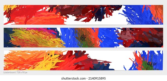 Abstract vector horizontal banner template. Colorful brush stoke imitation of watercolor paint. Dimensional layered feather rainbow colored texture. Creative artistic advertising leaderboard.