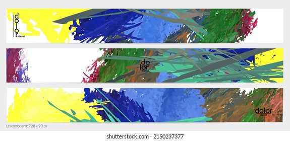 Abstrakte Vektorgrafik horizontale Banner-Vorlage. Farbige Pinselspitzen imitieren Aquarellfarben. Maßgeschneiderte Federregenbogen-farbige Textur. Kreative künstlerische Werbeführerschaft.