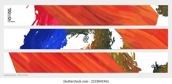 Abstract vector horizontal banner template. Colorful brush stoke imitation of watercolor paint. Dimensional layered feather rainbow colored texture. Creative artistic advertising leaderboard.